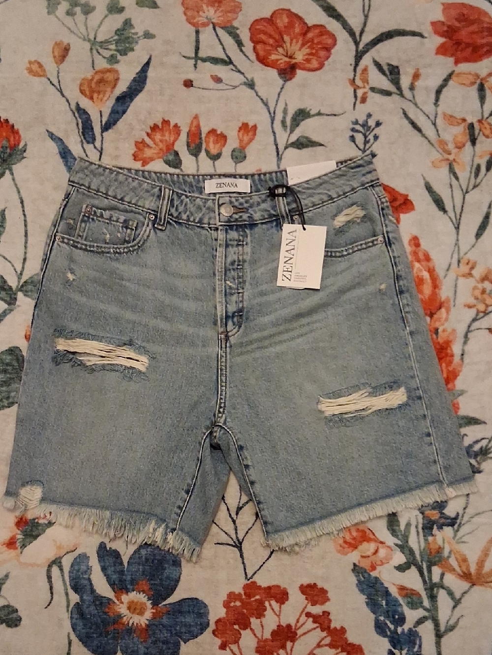 Zenana Outfitters Light Wash Distressed Denim Shorts